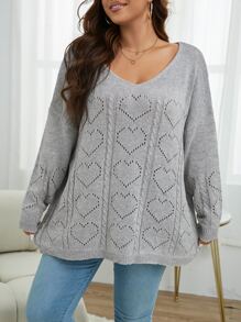 SHEIN Franclia Áo len Plus Size màu trơn Giải trí - Màu Xám nhạt - Xem 6