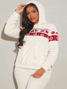 SHEIN SXY Christmas Pattern Kangaroo Pocket Drawstring Flannel Hoodie - White - View 2