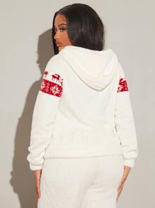 SHEIN SXY Christmas Pattern Kangaroo Pocket Drawstring Flannel Hoodie - White - View 3