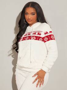 SHEIN SXY Christmas Pattern Kangaroo Pocket Drawstring Flannel Hoodie - White - View 4