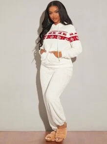 SHEIN SXY Christmas Pattern Kangaroo Pocket Drawstring Flannel Hoodie - White - View 5