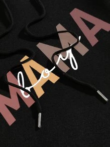 SHEIN LUNE Letter Graphic Kangaroo Pocket Drawstring Thermal Hoodie - Black - View 6