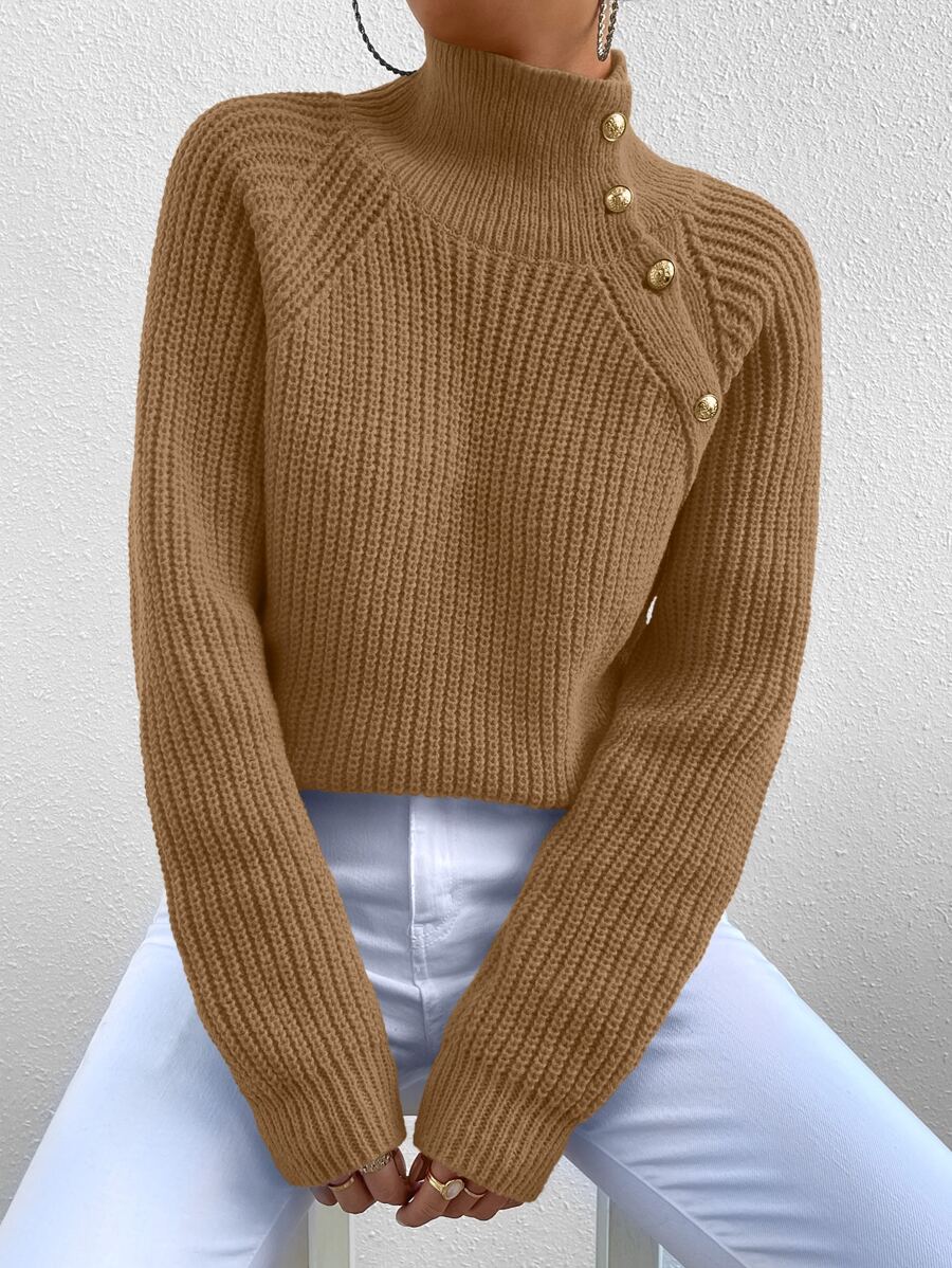 SHEIN Essnce Jersey de cuello cisne de manga raglán - Camel - Ver 1