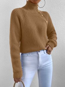 SHEIN Essnce Jersey de cuello cisne de manga raglán - Camel - Ver 3