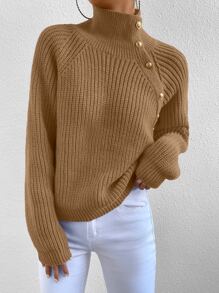 SHEIN Essnce Jersey de cuello cisne de manga raglán - Camel - Ver 5