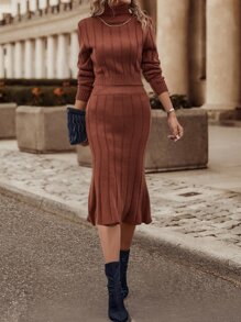 SHEIN LUNE Jersey cuello alto & Falda tejida de canalé - Óxido marrón - Ver 4