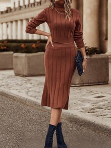 SHEIN LUNE Jersey cuello alto & Falda tejida de canalé - Óxido marrón - Ver 6