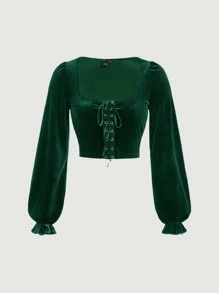 SHEIN MOD Lace Up Front Flounce Sleeve Velvet Crop Top - Dark Green - View 1