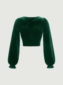 SHEIN MOD Lace Up Front Flounce Sleeve Velvet Crop Top - Dark Green - View 2