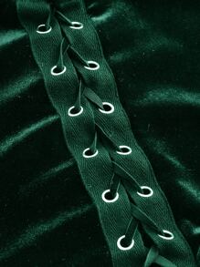 SHEIN MOD Lace Up Front Flounce Sleeve Velvet Crop Top - Dark Green - View 4