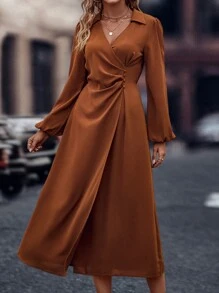 EMERY ROSE 燈籠袖圍裹洋裝 - 棕色 - 查看 5