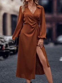 EMERY ROSE 燈籠袖圍裹洋裝 - 棕色 - 查看 6