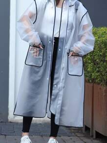 1pc Contrast Binding Drawstring Hooded Raincoat - Clear - View 5