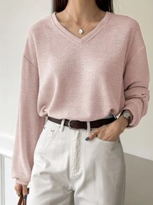 DAZY Drop Shoulder V Neck Sweatshirt,Long Sleeve Tops,Fall Clothes - Baby Pink - View 2