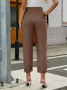 SHEIN Privé 拼接細節卷邊九分長褲 - 咖啡棕 - 查看 2