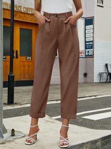 SHEIN Privé 拼接細節卷邊九分長褲 - 咖啡棕 - 查看 6