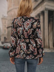 Áo sơ mi nữ Tương phản ren Viên lá sen Paisley Boho - màu đen - Xem 2