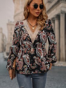 Áo sơ mi nữ Tương phản ren Viên lá sen Paisley Boho - màu đen - Xem 5