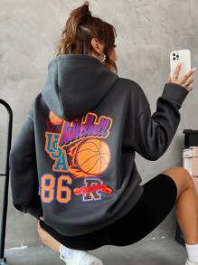 SHEIN Unity Basketball And Letter Graphic Drop Shoulder Hoodie - Dark Grey - View 6