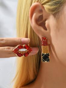 水鑽裝飾唇部不對稱耳釘 - 紅色 - 查看 1