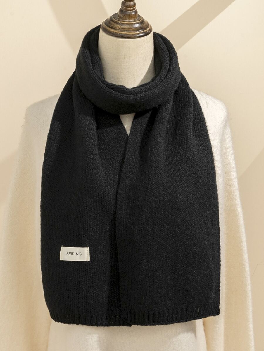 1pc Black Knitted Scarf - Black - View 1