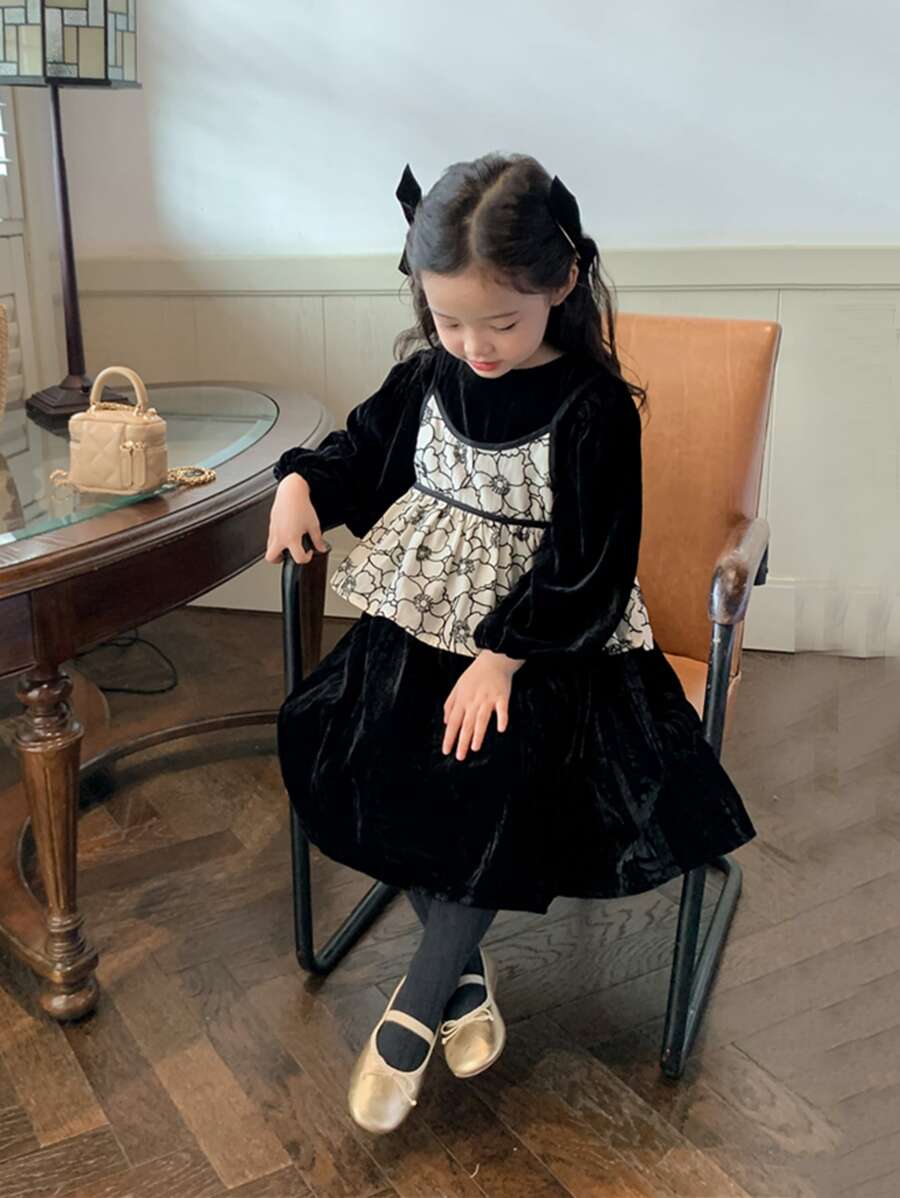 Bộ thời trang bé gái Viên lá sen Tương phản ràng buộc Hoa Giải trí - Nhiều màu - Xem 1