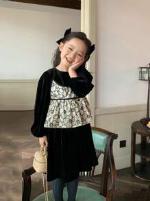 Bộ thời trang bé gái Viên lá sen Tương phản ràng buộc Hoa Giải trí - Nhiều màu - Xem 4