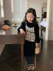 Bộ thời trang bé gái Viên lá sen Tương phản ràng buộc Hoa Giải trí - Nhiều màu - Xem 6