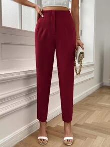 SHEIN Essnce Quần nữ Dây kéo màu trơn Giải trí - Màu Đỏ Sâu - Xem 4