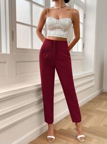 SHEIN Essnce Quần nữ Dây kéo màu trơn Giải trí - Màu Đỏ Sâu - Xem 6