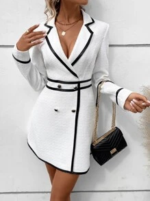 Chiquease Contrast Binding Double Breasted Dress - White - View 5