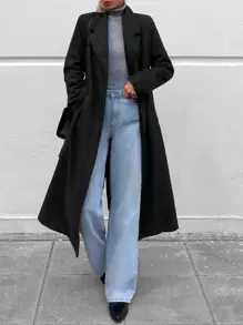 EURMUSE Lapel Neck Belted Overcoat - Black - View 1