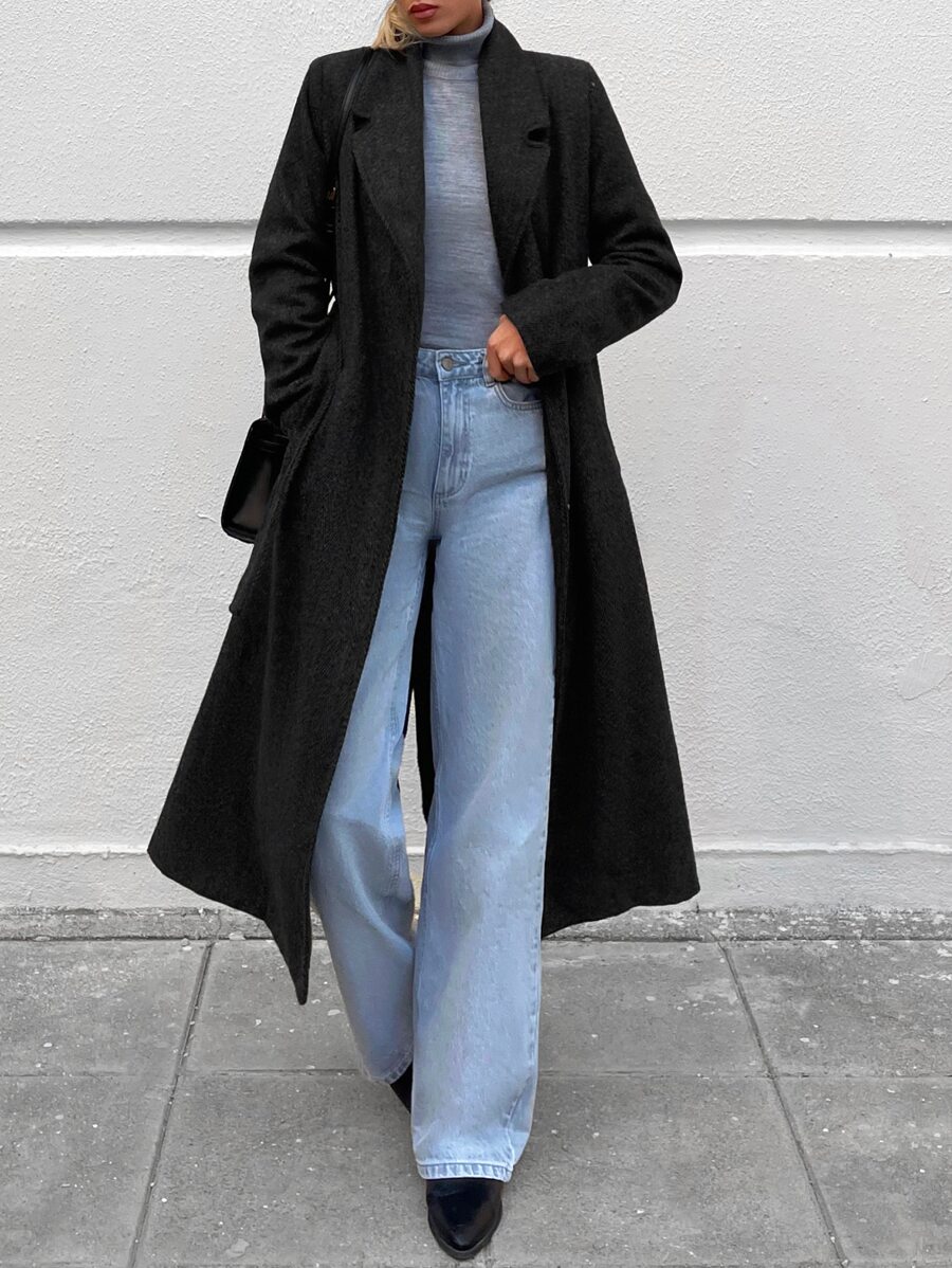 EURMUSE Lapel Neck Belted Overcoat - Black - View 1