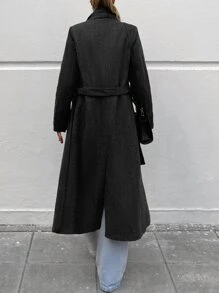 EURMUSE Lapel Neck Belted Overcoat - Black - View 2