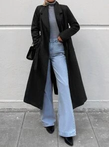 EURMUSE Lapel Neck Belted Overcoat - Black - View 3