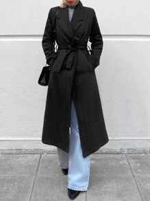 EURMUSE Lapel Neck Belted Overcoat - Black - View 4