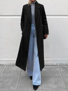 EURMUSE Lapel Neck Belted Overcoat - Black - View 5