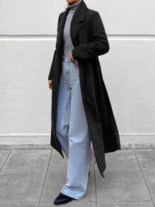 EURMUSE Lapel Neck Belted Overcoat - Black - View 6