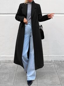 EURMUSE Lapel Neck Belted Overcoat - Black - View 7