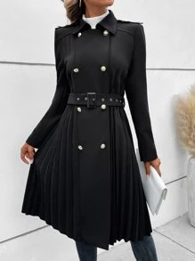 SHEIN Clasi Charreteras bajo fruncido con cinturón Gabardina - Negro - Ver 3