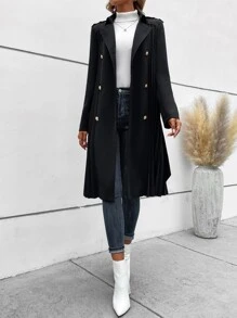 SHEIN Clasi Charreteras bajo fruncido con cinturón Gabardina - Negro - Ver 5