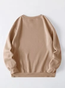 SHEIN EZwear Elk And Letter Graphic Thermal Lined Sweatshirt - Khaki - View 2