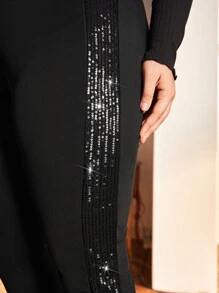 SHEIN Privé 大碼亮片細節緊身打底褲 - 黑色 - 查看 8