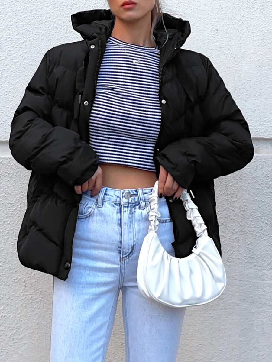 EURMUSE Zip Up Snap Button Puffer Coat - Black - View 1