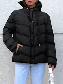 EURMUSE Zip Up Snap Button Puffer Coat - Black - View 4