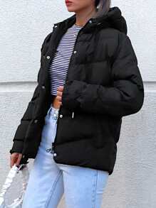 EURMUSE Zip Up Snap Button Puffer Coat - Black - View 7