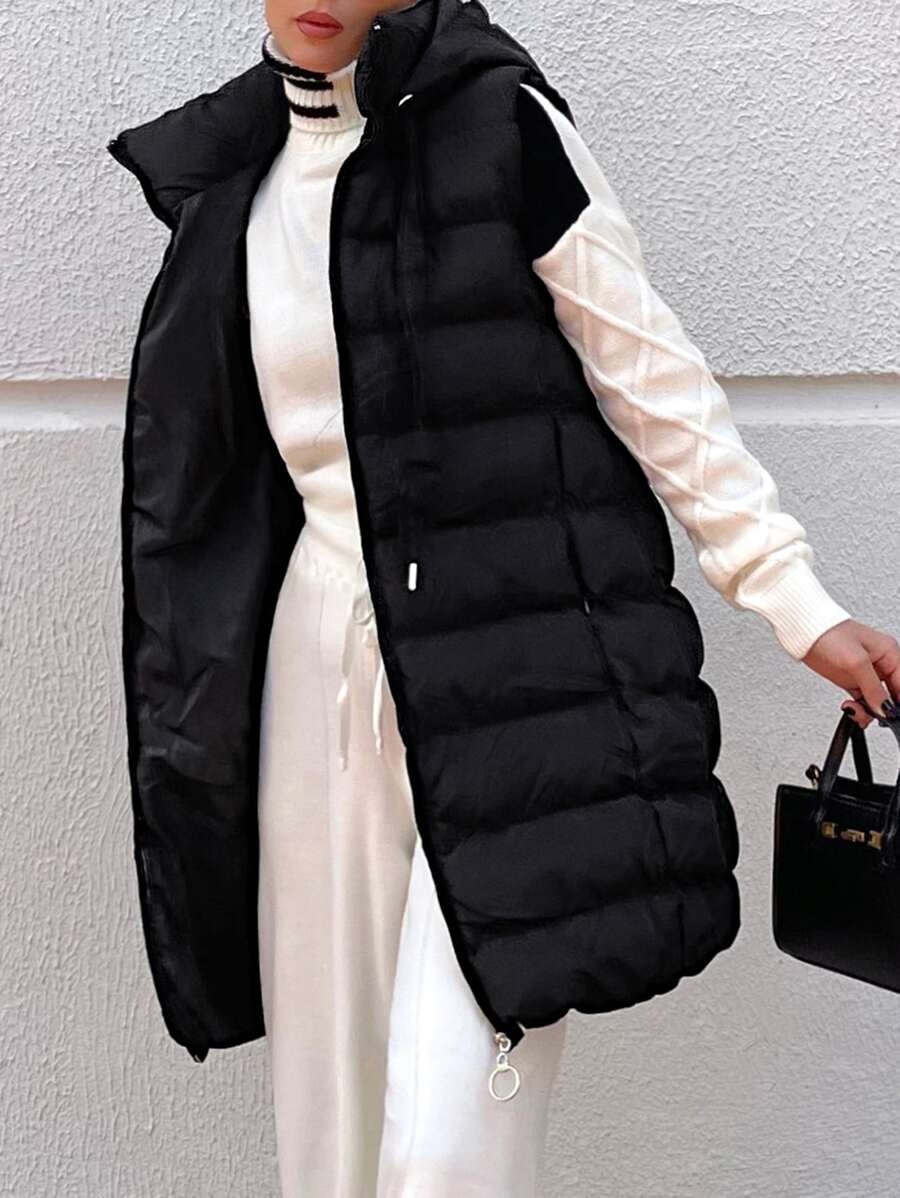EURMUSE Drawstring Hooded Puffer Vest Coat - Black - View 1