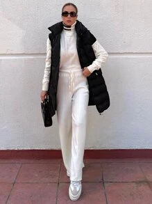 EURMUSE Drawstring Hooded Puffer Vest Coat - Black - View 3