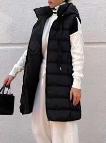 EURMUSE Drawstring Hooded Puffer Vest Coat - Black - View 4