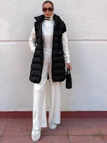 EURMUSE Drawstring Hooded Puffer Vest Coat - Black - View 5